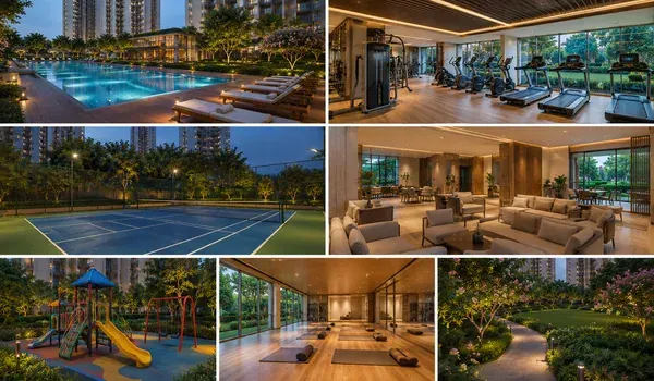 Collage of residential amenities including a pool, gym, tennis court, lounge and play area