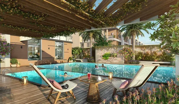 Poolside deck with loungers and shaded pergola seating in a residential clubhouse zone