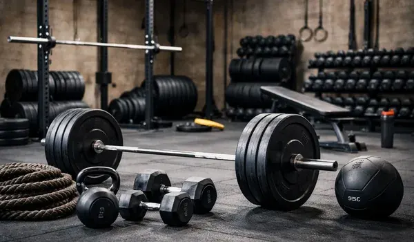 Fitness centre interior with free weights, benches and training equipment