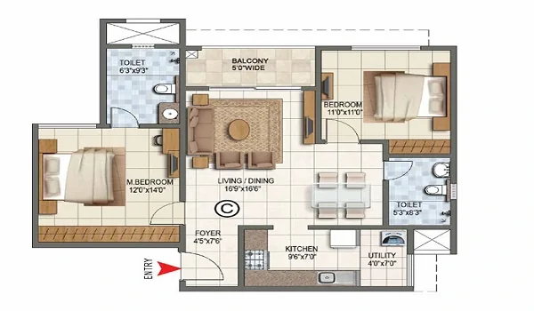 Representative 2 BHK apartment layout drawing showing living, dining, two bedrooms and balcony