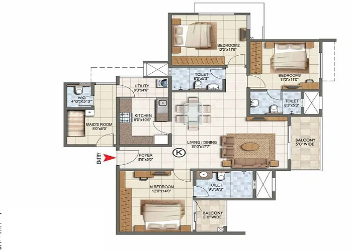Representative 3 BHK apartment layout drawing with living hall, dining, three bedrooms and utility