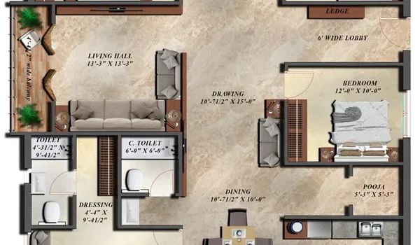 Representative 4 BHK apartment layout drawing with four bedrooms, wide lobby and large living area