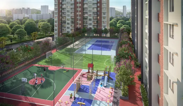 Outdoor sports court with painted markings, hoops and floodlights