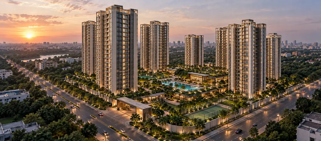 Aerial view of a residential township with six towers and the surrounding city skyline at dusk