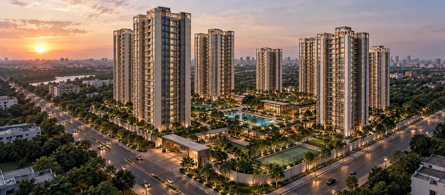 Aerial view of the Prestige Rising township with six towers and the Thane skyline beyond