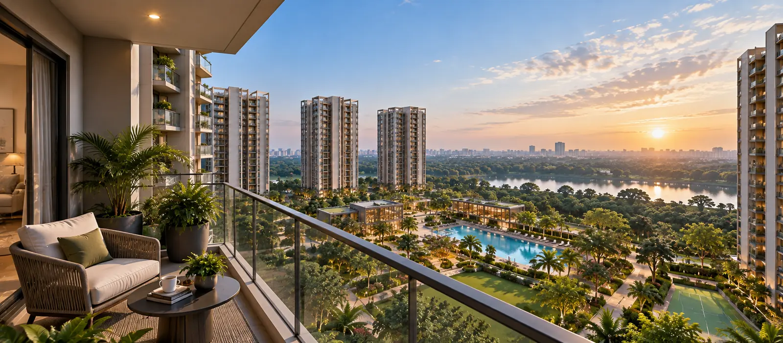 Furnished apartment balcony with seating overlooking landscaped gardens, a pool and the skyline beyond