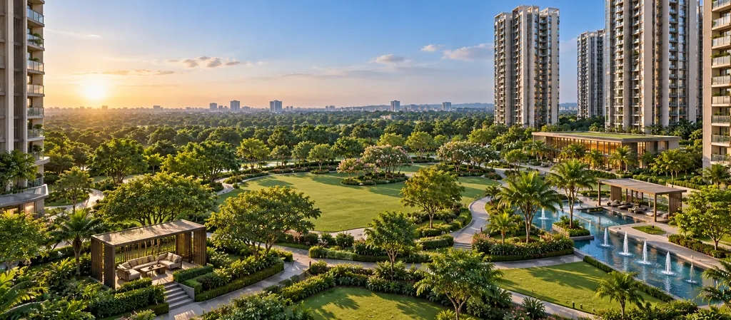 Landscaped central green and water features between residential towers at Prestige Rising, Thane