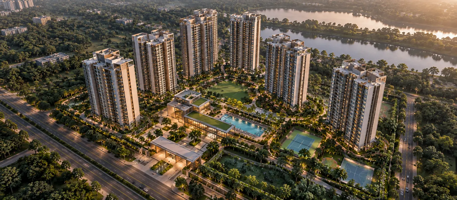 Aerial view of the Majiwada and Thane West area around the Prestige Rising site with the lake and arterial roads