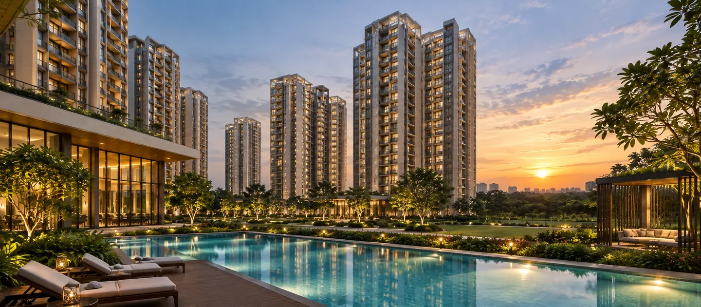 Swimming pool and landscaped deck below residential towers at dusk at Prestige Rising, Thane