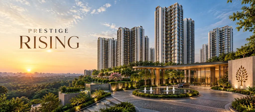 Prestige Rising towers rising above landscaped gardens in golden evening light