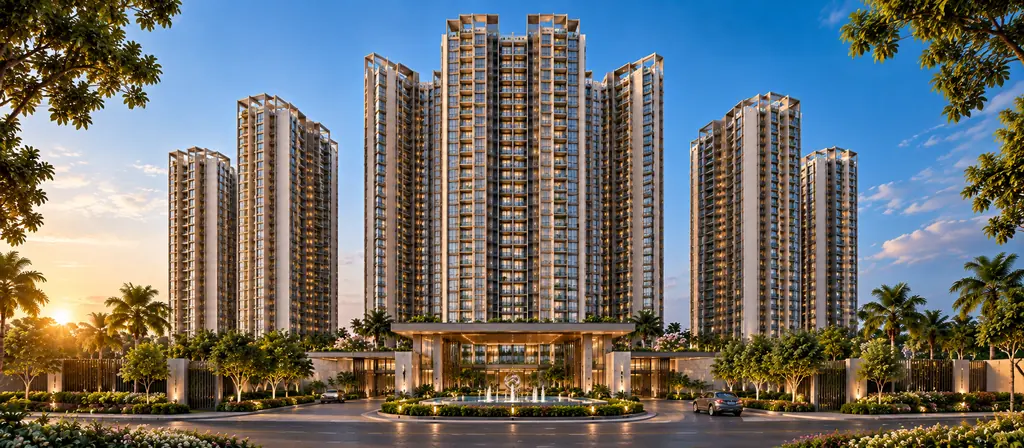 Illuminated residential tower facade with an arrival court framed by palm trees