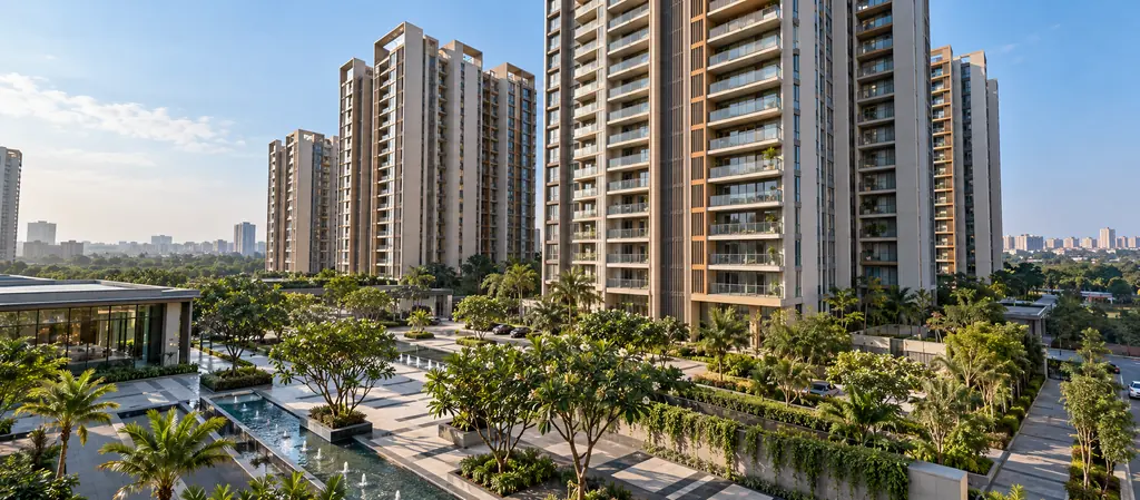 Residential towers overlooking a landscaped plaza with palm trees and water features