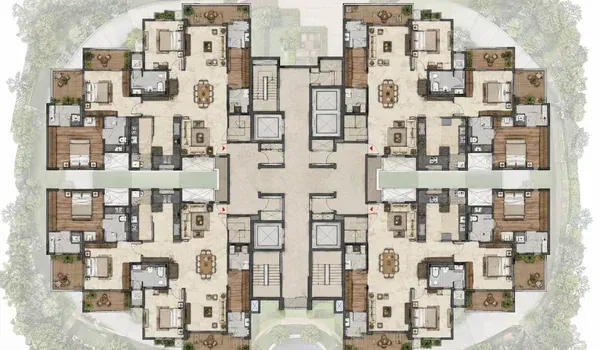 Typical tower floor plate drawing with apartments arranged around a central core